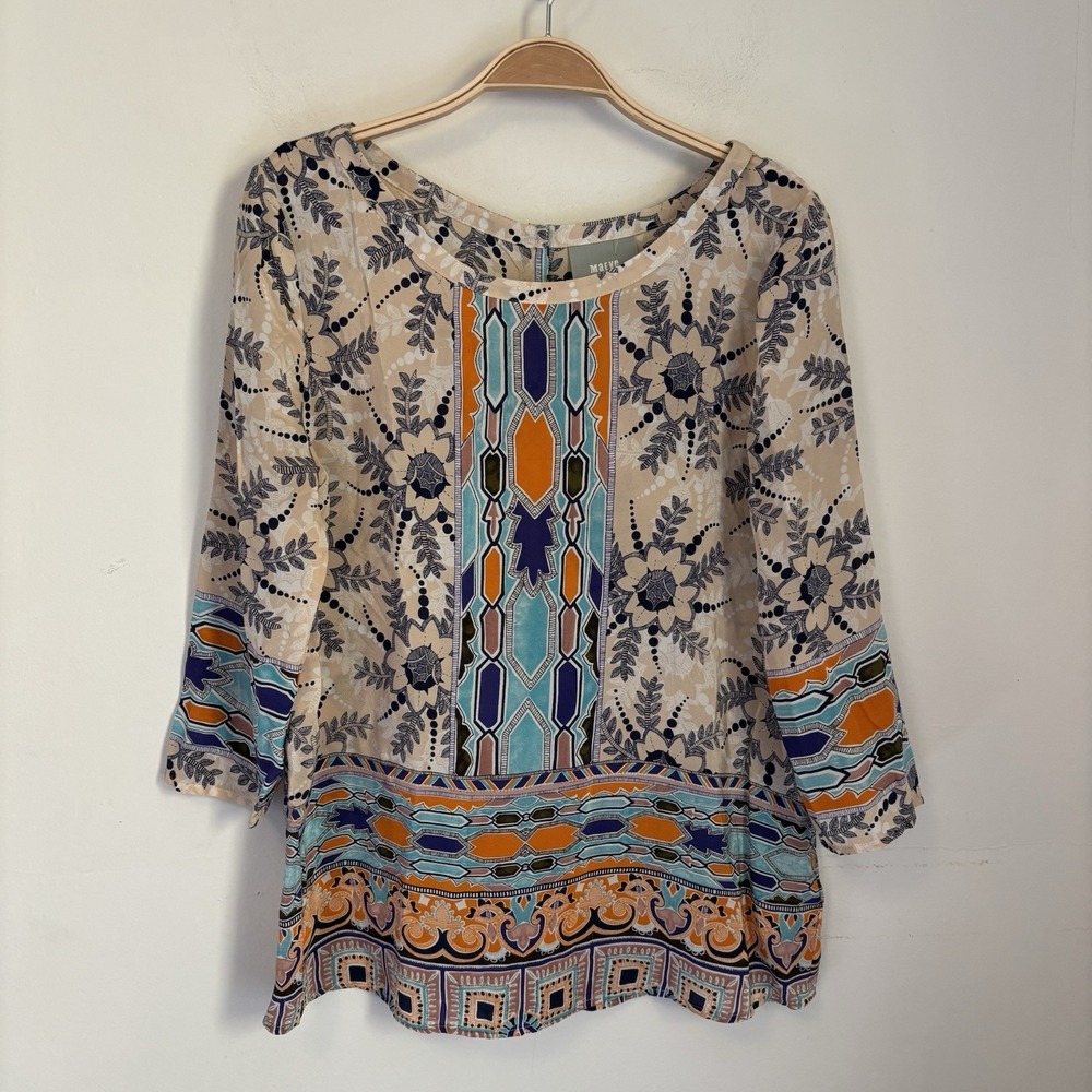 Maeve Blouse 100% Silk 4 Floral Geometric3/4 Sleeve Anthropologie Tan Orange